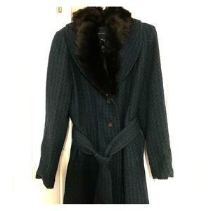 Teal Tweed Winter Coat with Black Fur Collar